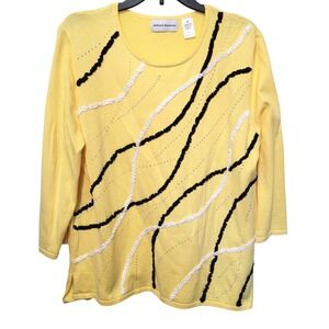 Alfred Dunner Sweater Womens XL Yellow 3/4 Sleeve Rhinestone Textured Abstract